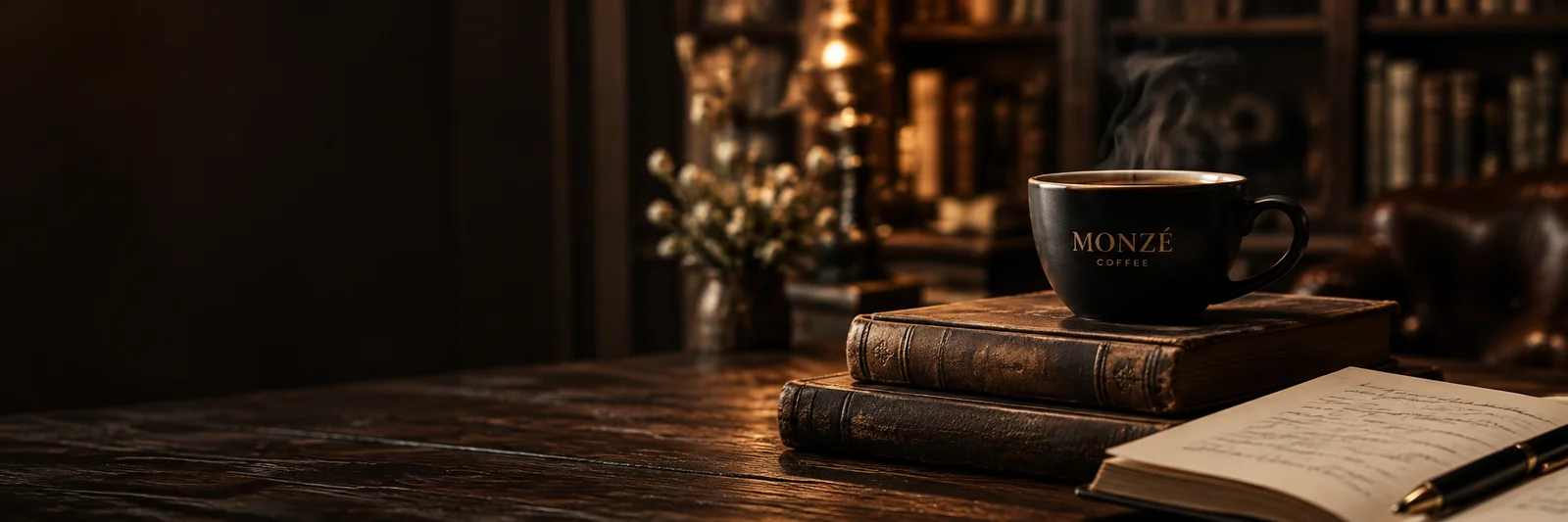 Чаша MONZÉ кафе върху книги в топла кафена обстановка